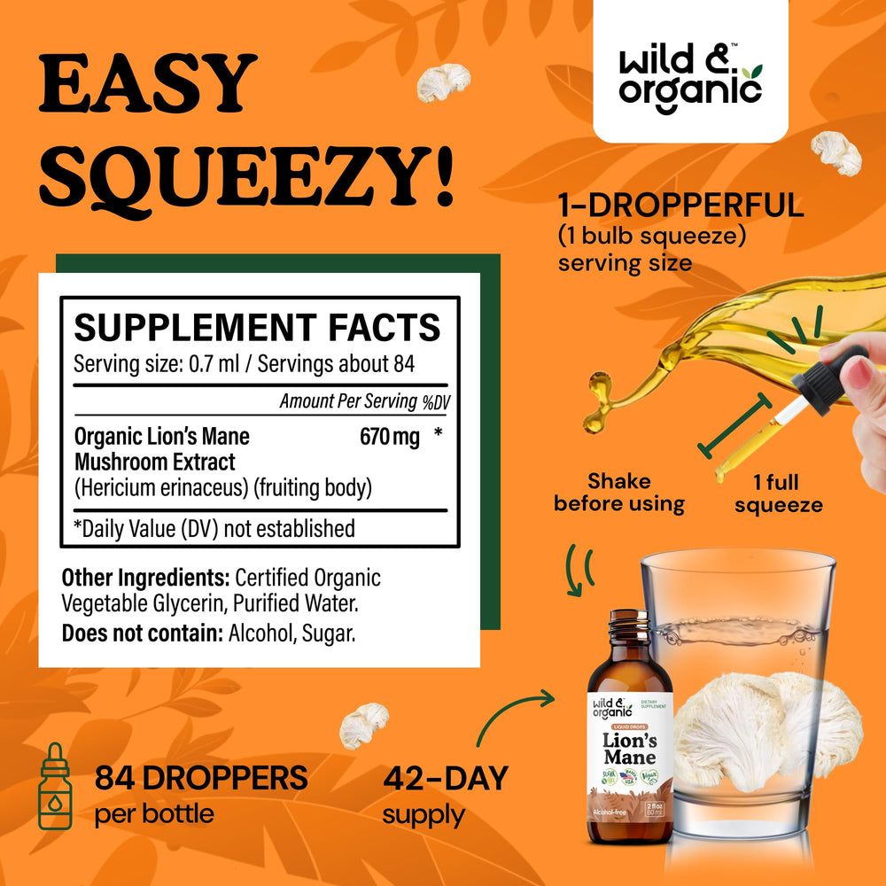 Wild & Organic Lions Mane Liquid Drops label detail highlights alcohol-free glycerin base.