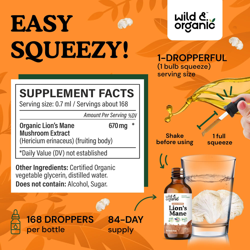 The Wild & Organic Lions Mane drops label highlights vegan formula.