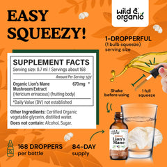 The Wild & Organic Lions Mane drops label highlights vegan formula.