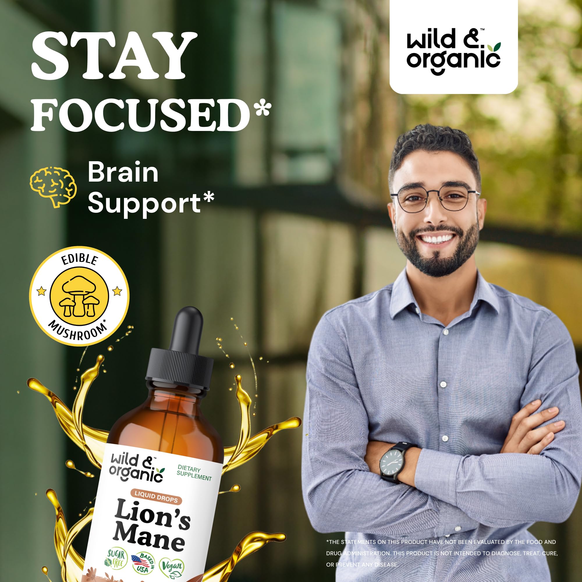 The Wild & Organic Lions Mane drops pour demonstrates easy daily dosing.