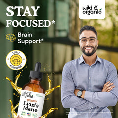 The Wild & Organic Lions Mane drops pour demonstrates easy daily dosing.