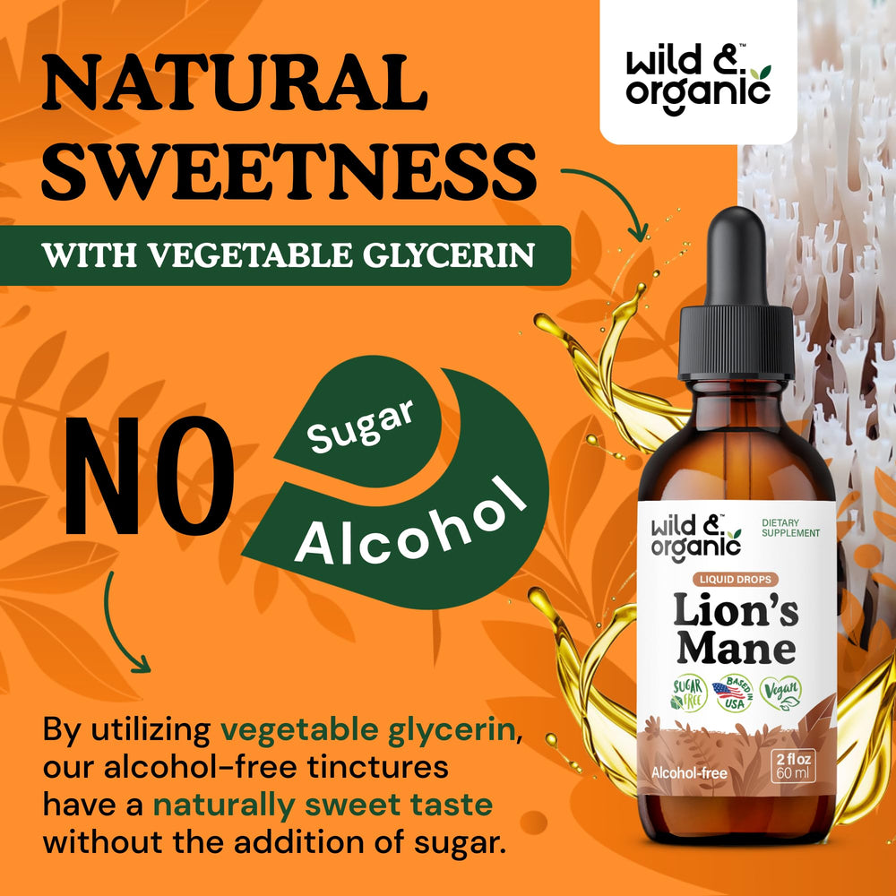Wild & Organic Lions Mane Liquid Drops on shelf showing 42-day supply.
