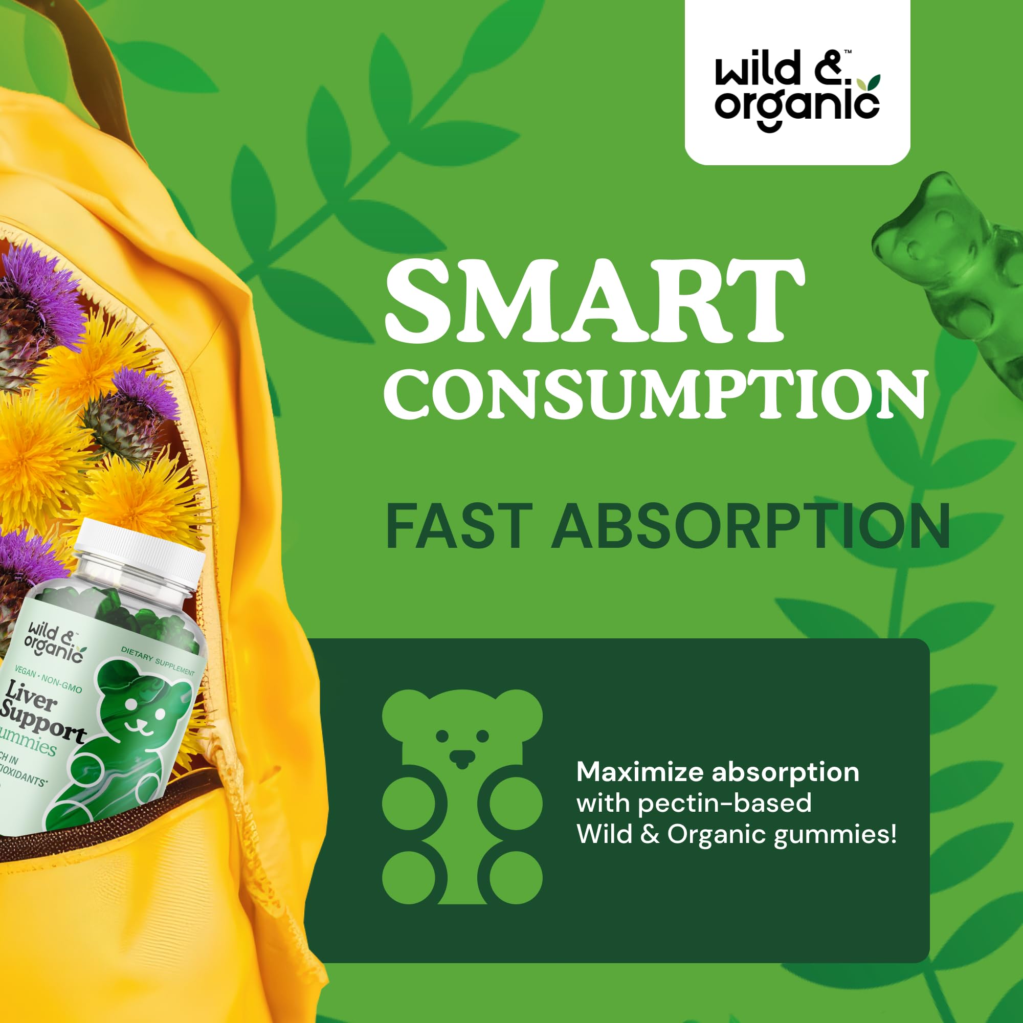 Wild & Organic Liver Support Gummies ingredients dandelion root visible on packaging.