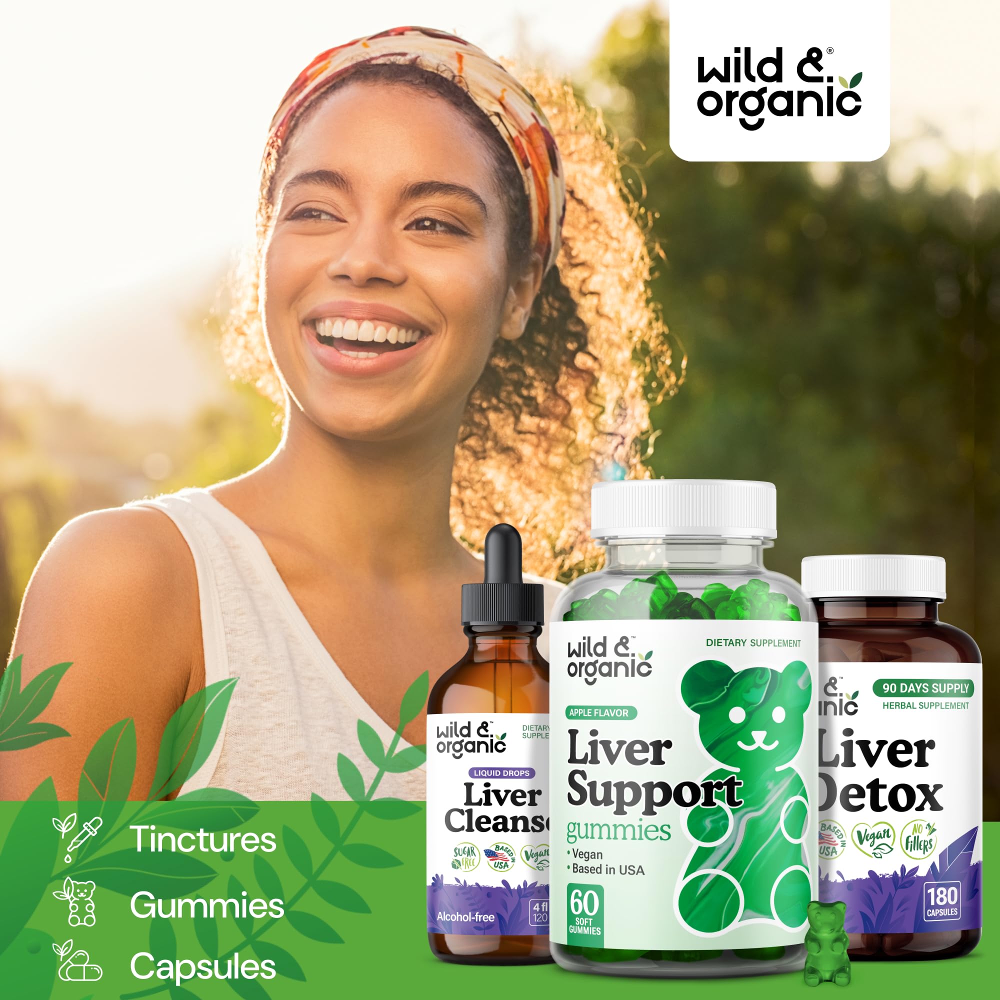 Wild & Organic Liver Support Gummies packaging displayed on a clean kitchen shelf.