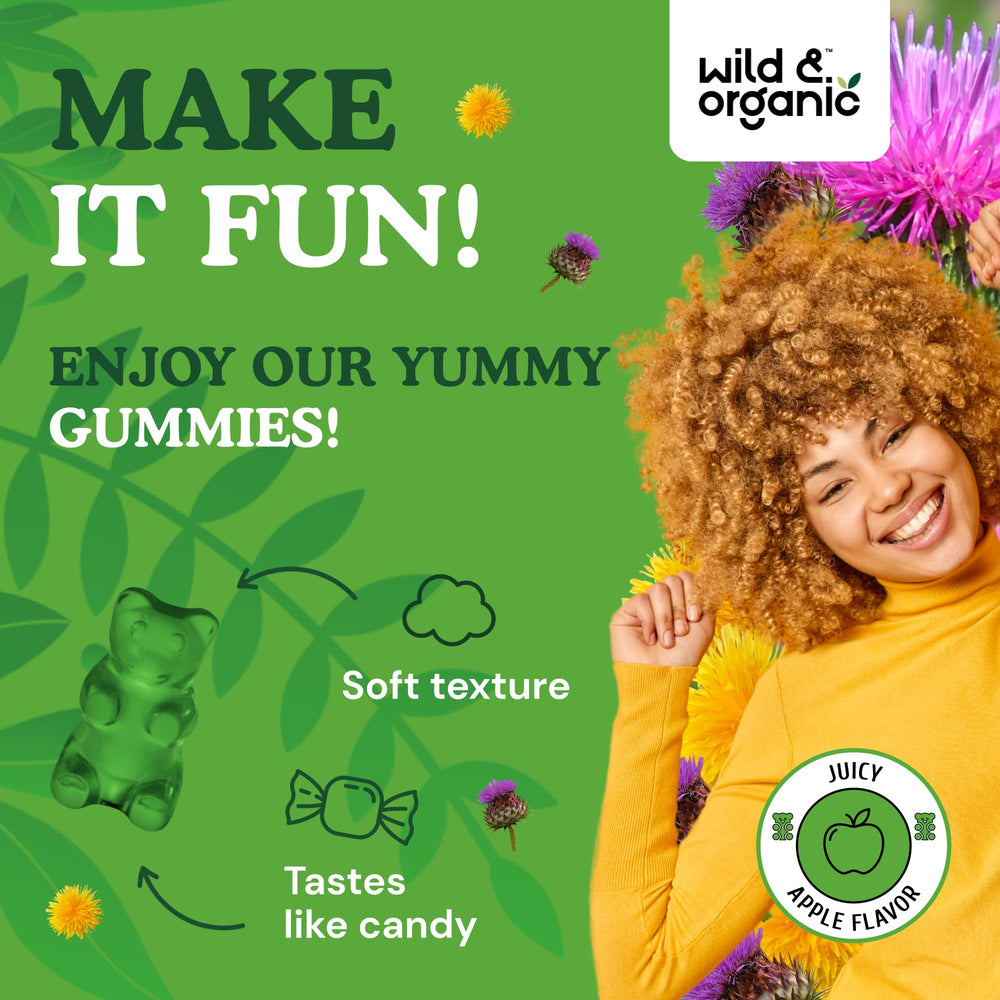Wild & Organic Liver Support Gummies vegan non-GMO badge highlights product standards.