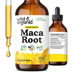 Wild & Organic Maca bottle with drops for balanced energy and overall support.