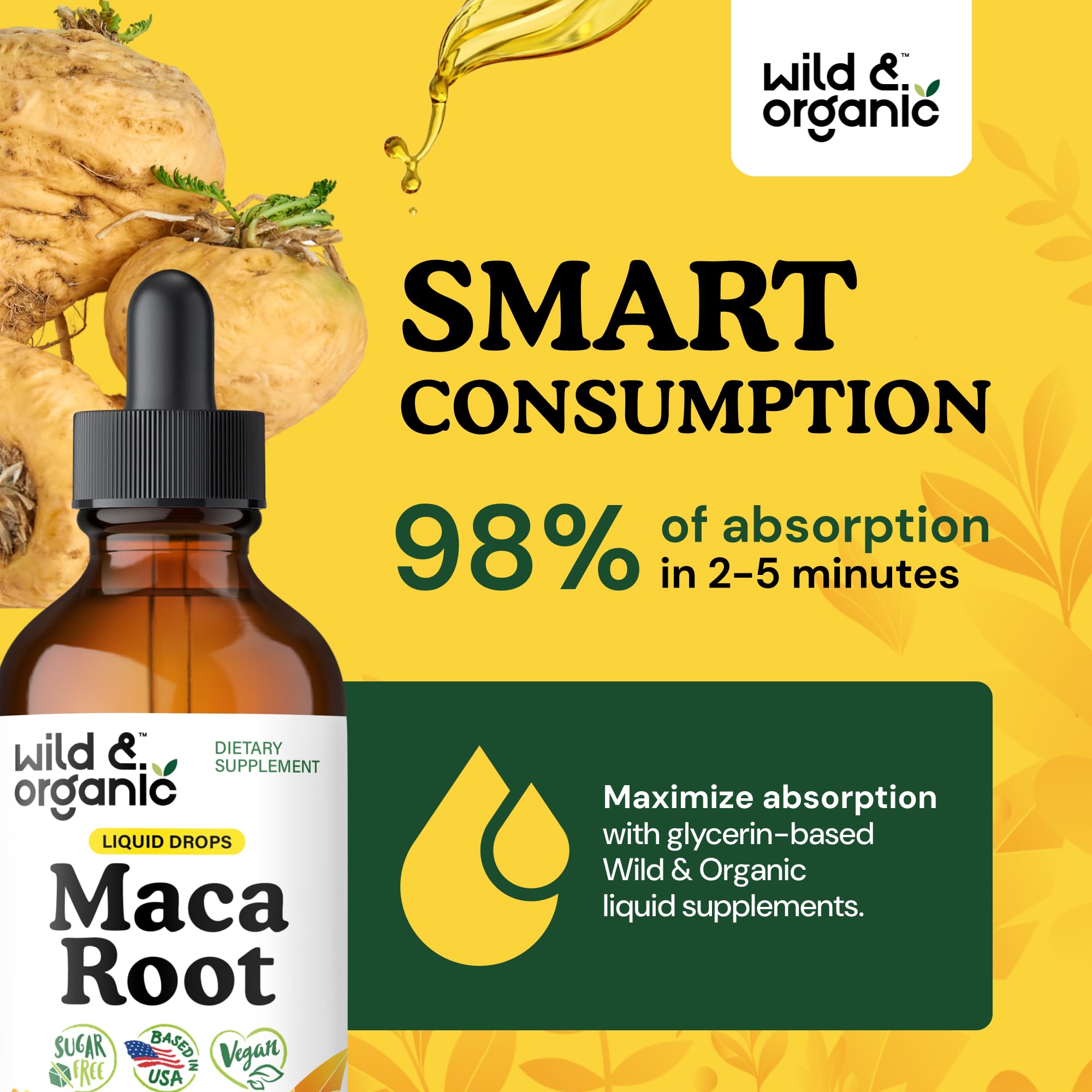 Wild & Organic Maca bottle label highlighting vegan, sugar-free formula.