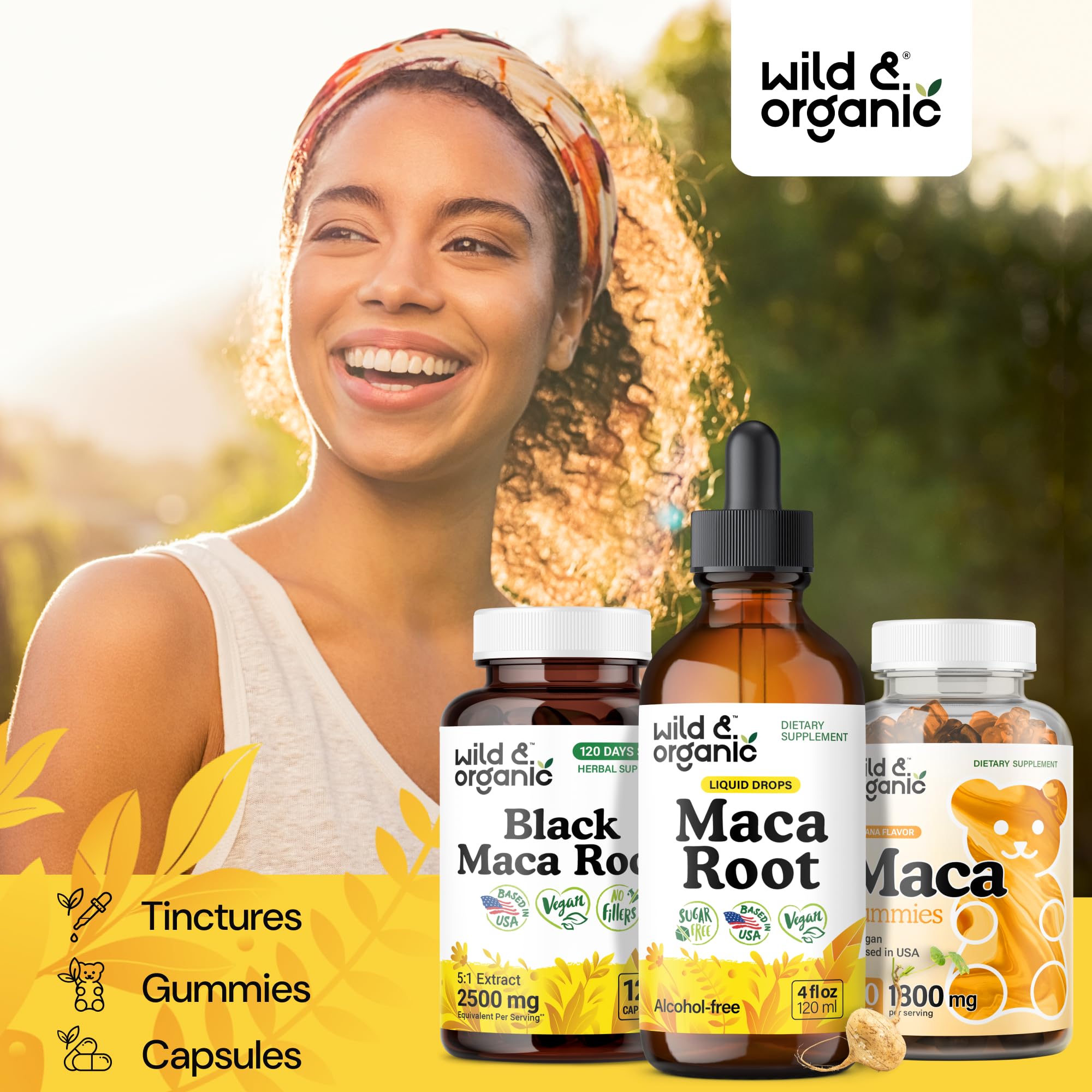 Wild & Organic Maca glycerin-based tincture shown as alcohol-free base.