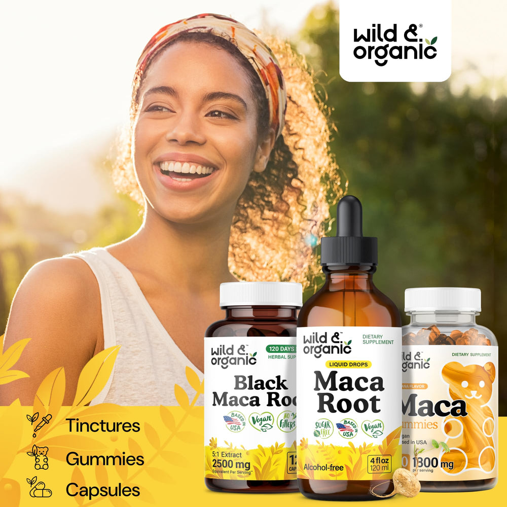 Wild & Organic Maca glycerin-based tincture shown as alcohol-free base.