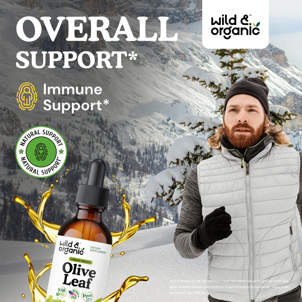 Wild & Organic olive leaf extract drops pour demonstrates easy dosing for everyday routines