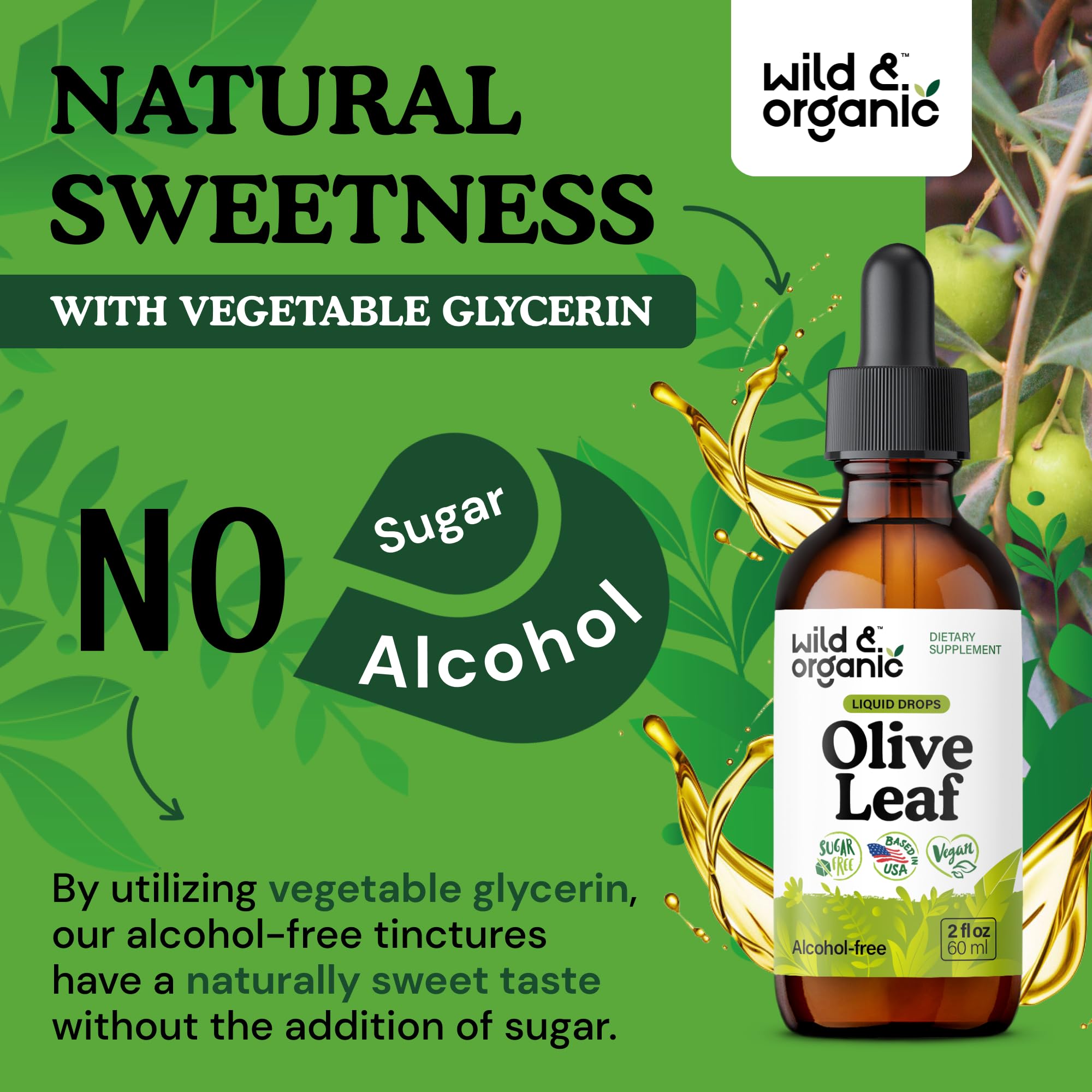 Wild & Organic olive leaf extract bottle 2 oz showcases bottle size