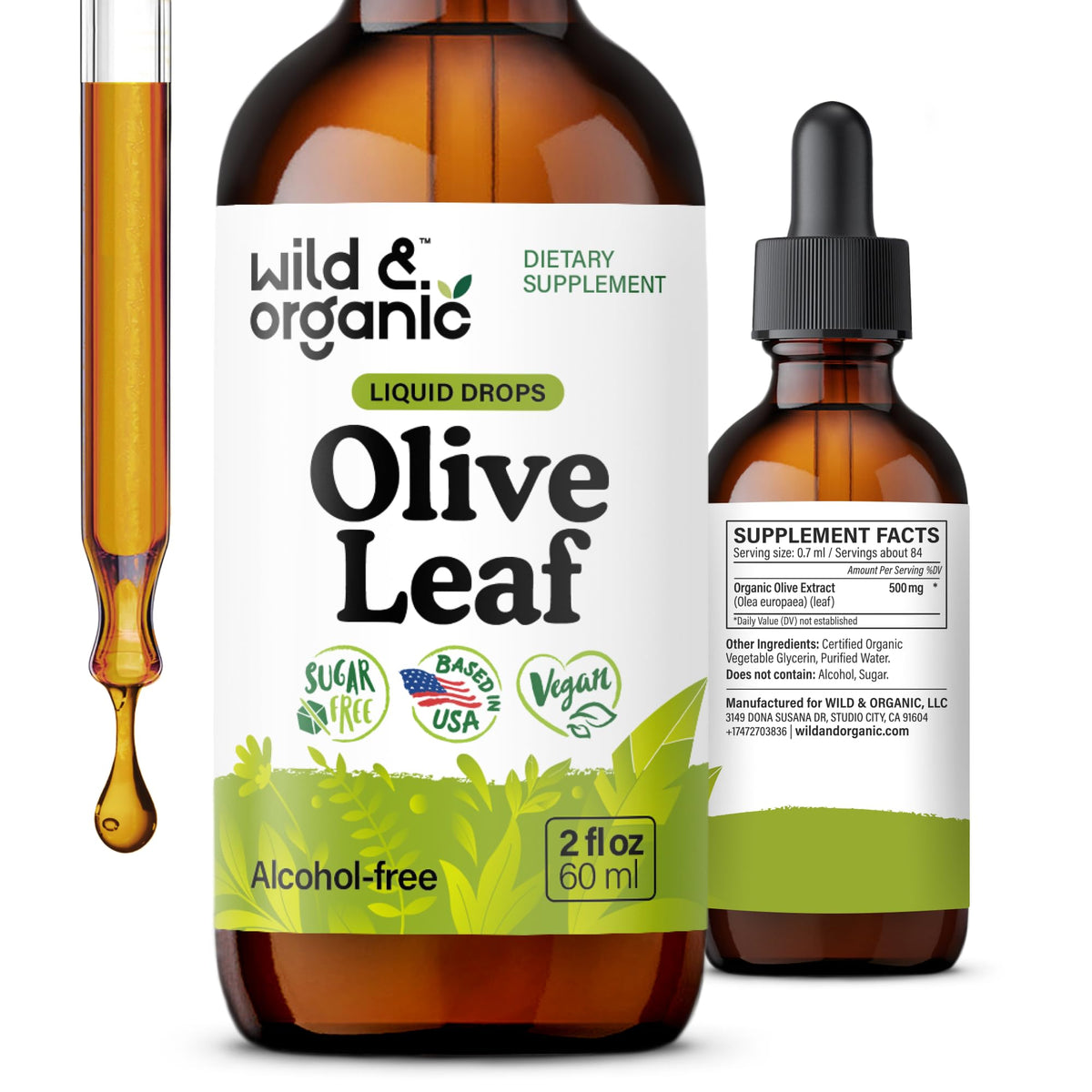 Wild & Organic olive leaf extract drops bottle with 500 mg extract for daily wellness support