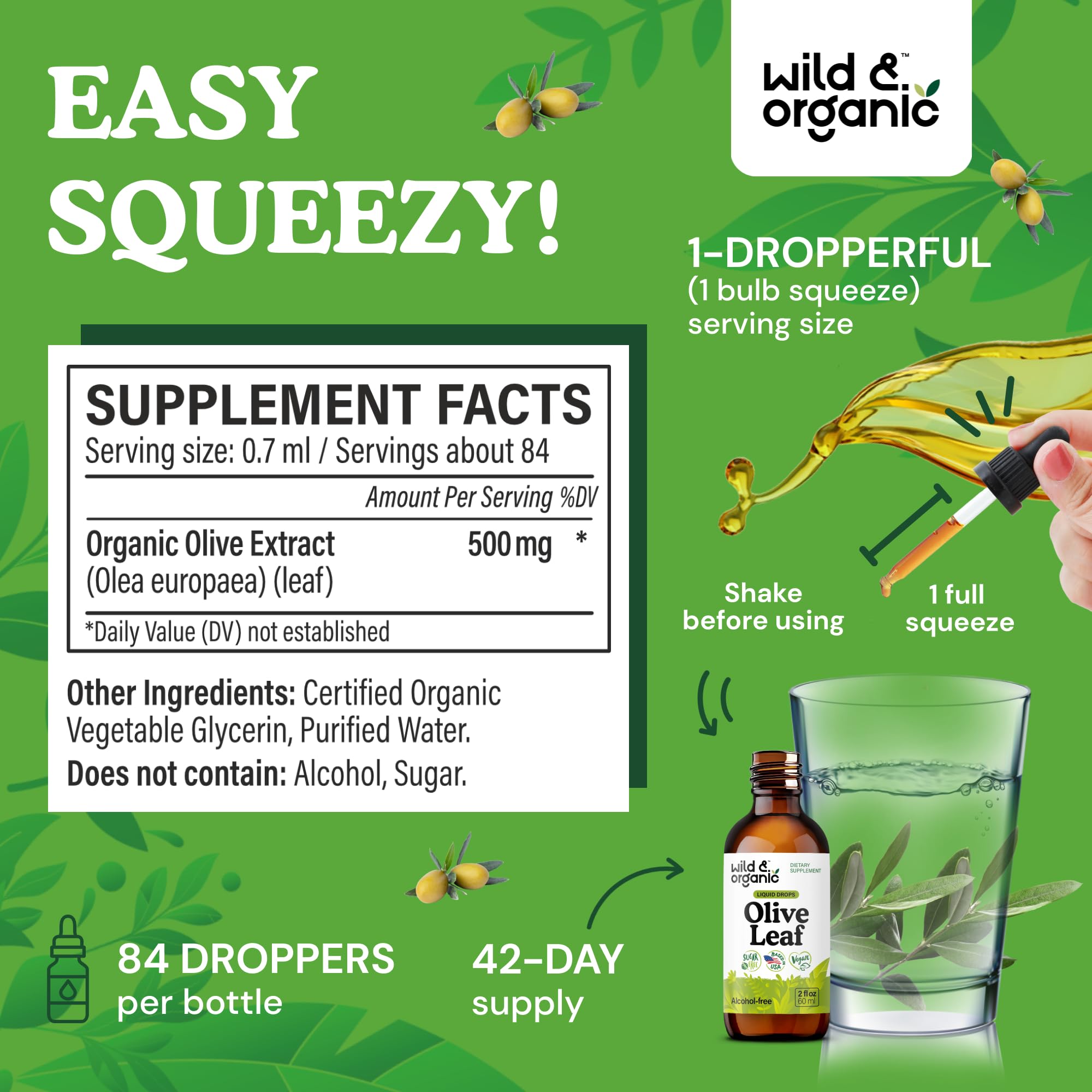 Wild & Organic olive leaf extract label close-up highlights vegan, alcohol-free formula