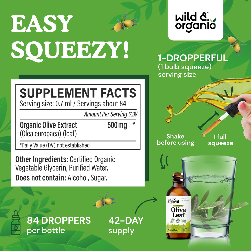 Wild & Organic olive leaf extract label close-up highlights vegan, alcohol-free formula