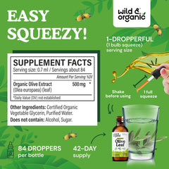 Wild & Organic olive leaf extract label close-up highlights vegan, alcohol-free formula