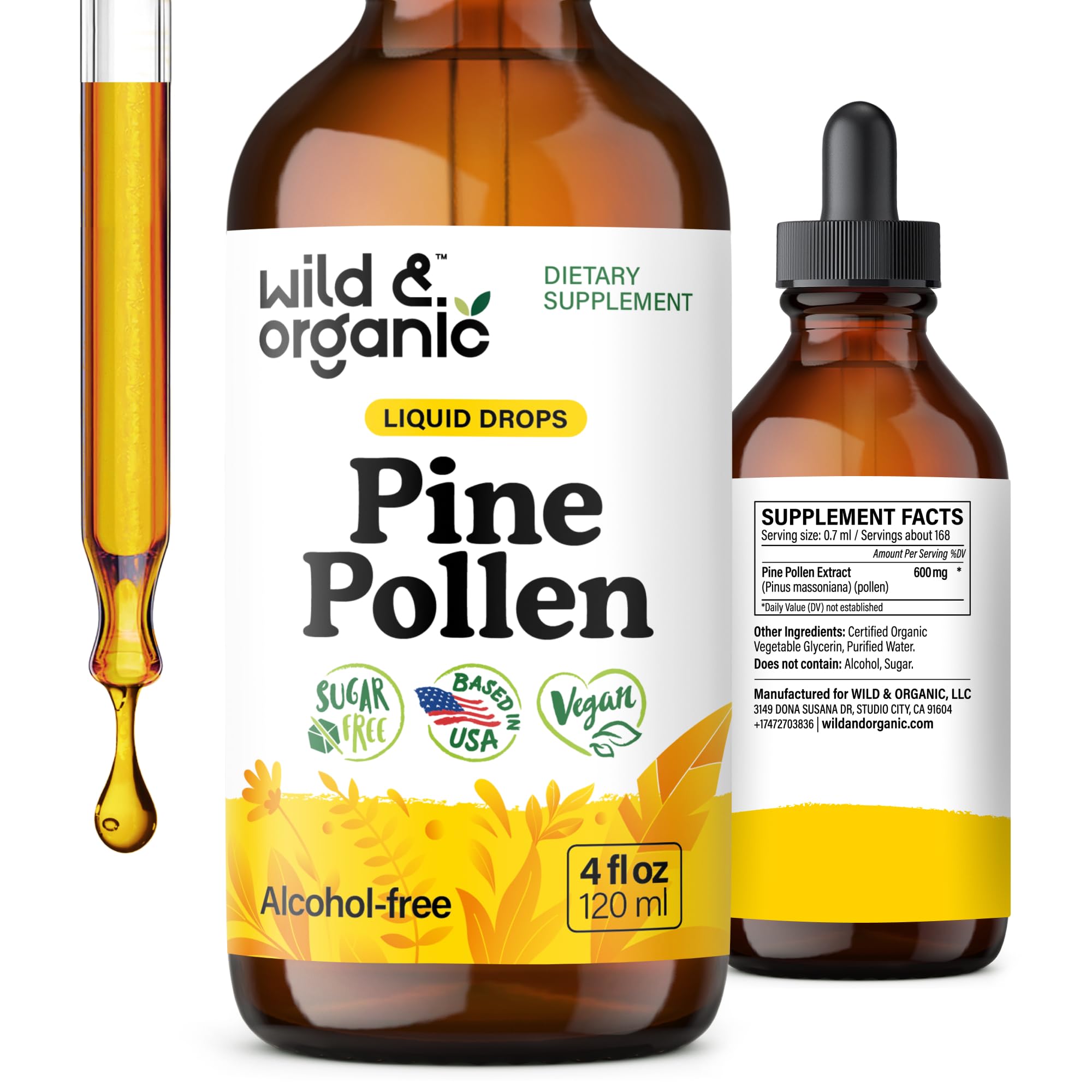 Wild & Organic Pine Pollen Tincture bottle on counter for daily wellness