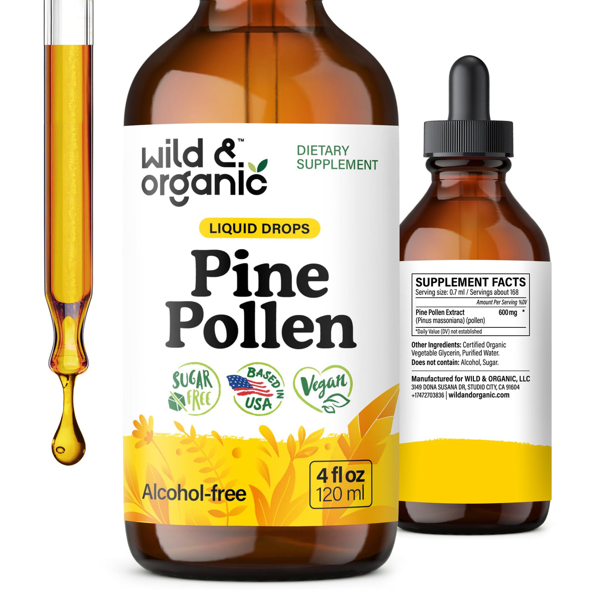 Wild & Organic Pine Pollen Tincture bottle on counter for daily wellness
