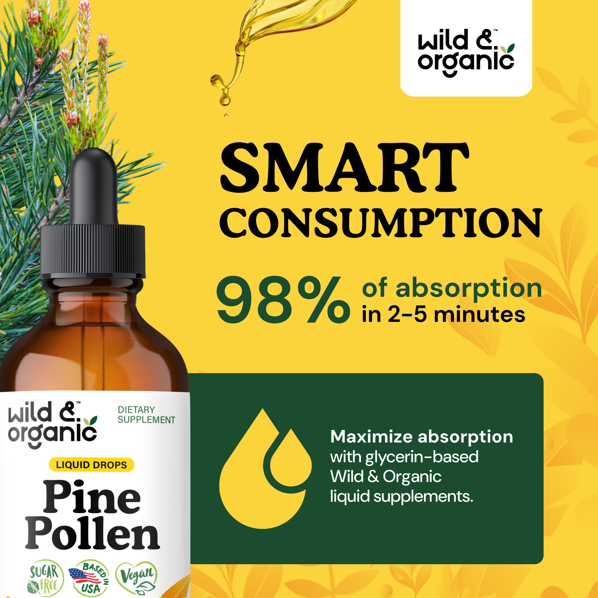 Pour scene of Wild & Organic Pine Pollen Tincture into glass