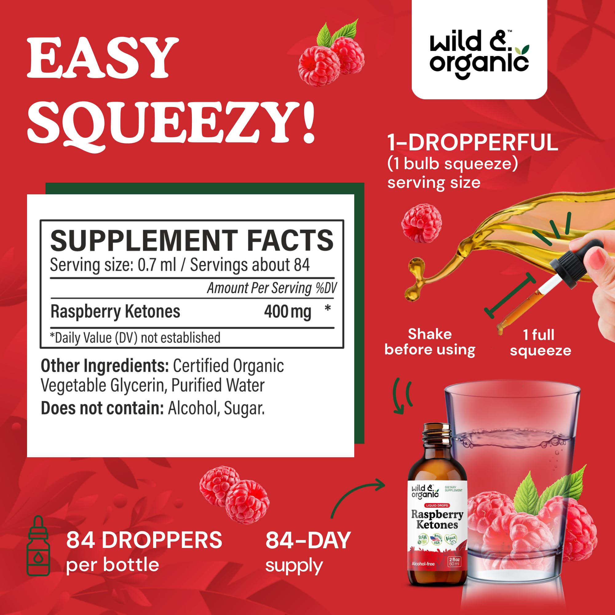 Wild & Organic Raspberry Ketones label highlights vegan, sugar-free, alcohol-free formula