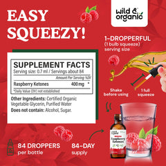 Wild & Organic Raspberry Ketones label highlights vegan, sugar-free, alcohol-free formula