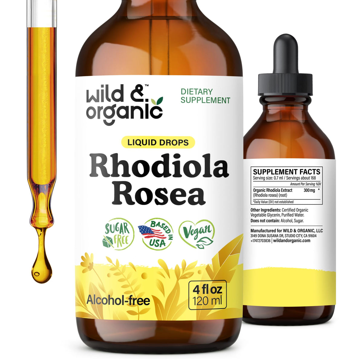 Wild & Organic Rhodiola Rosea tincture bottle for convenient mood support