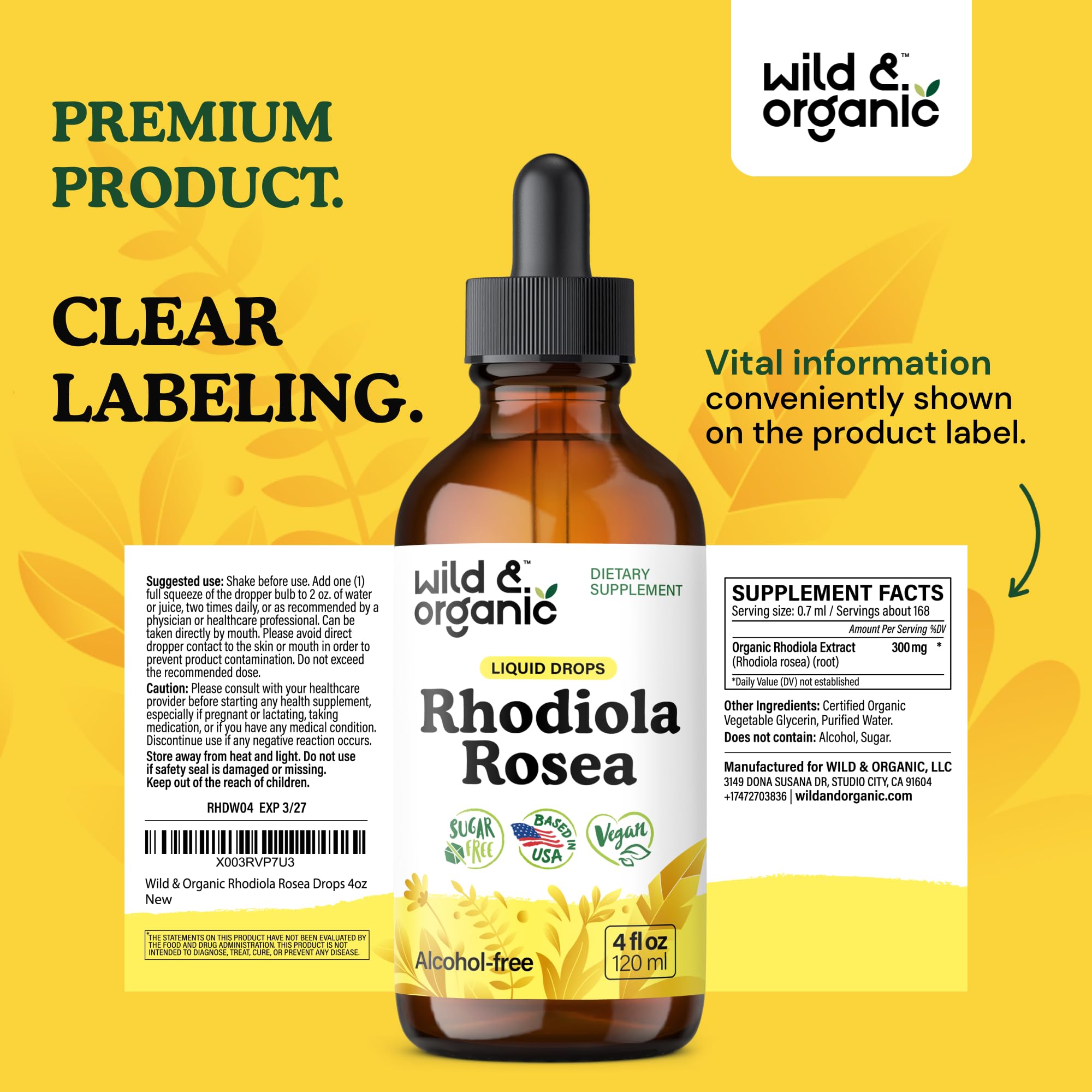 Wild & Organic Rhodiola Rosea tincture beside natural ingredients
