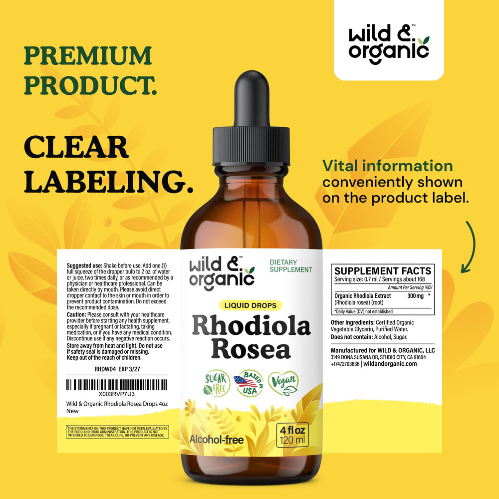 Wild & Organic Rhodiola Rosea tincture beside natural ingredients