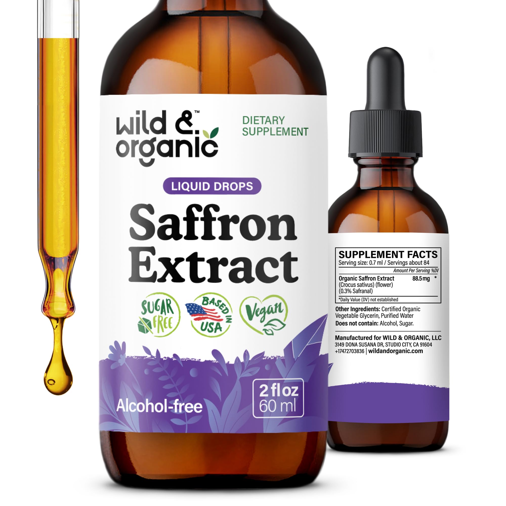 Wild and Organic saffron drops bottle, a vegan tincture for mood and focus support.