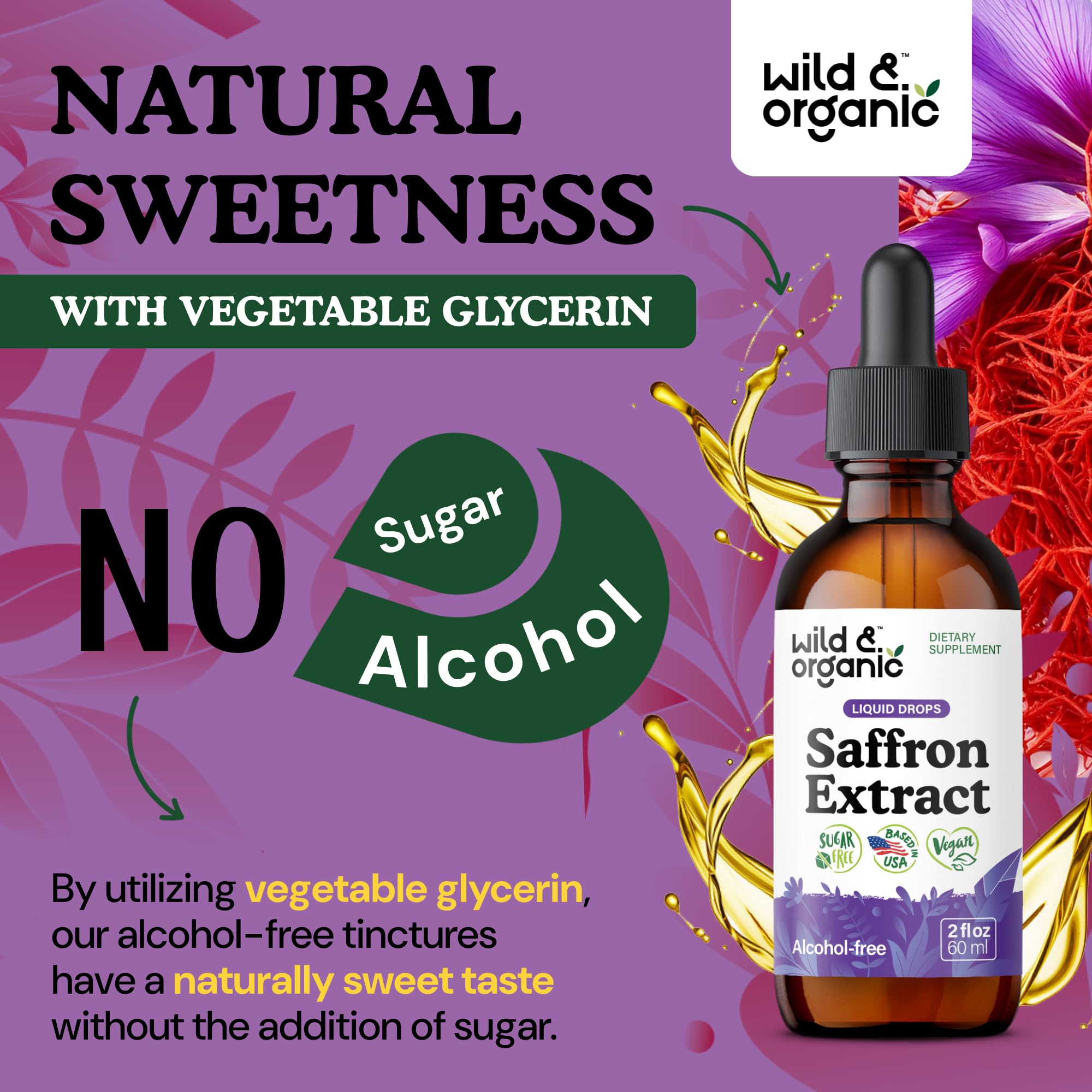 Wild and Organic saffron drops glass bottle closeup for daily wellness routines.