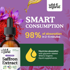 Wild and Organic saffron drops label indicating vegan, GMO-free ingredients and transparency.