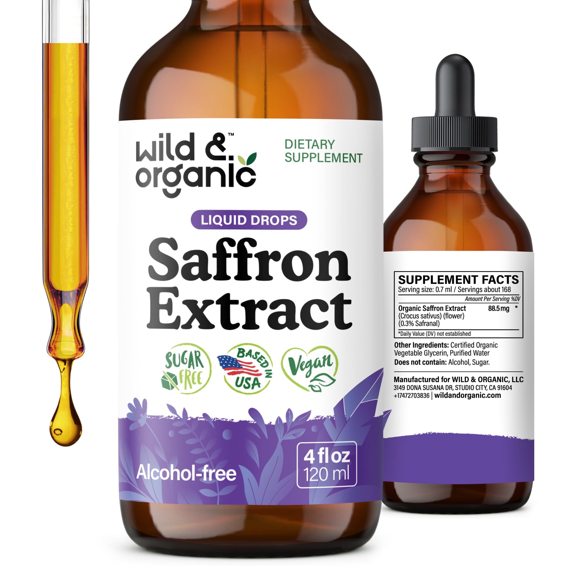 Wild and Organic saffron supplement bottle for mood and focus support.