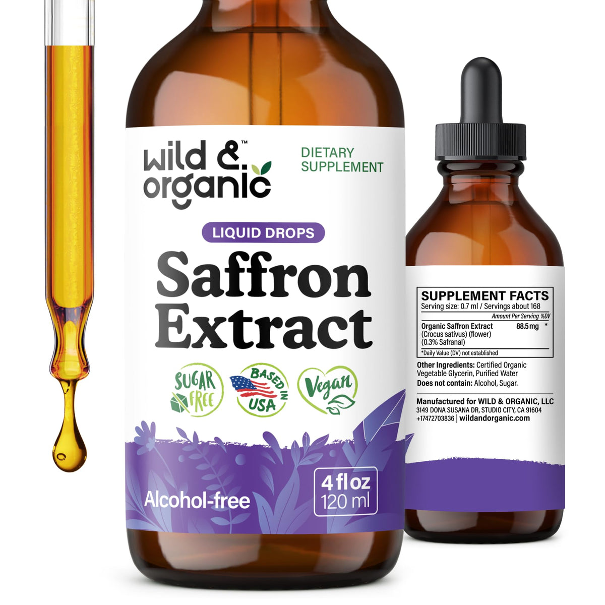 Wild and Organic saffron supplement bottle for mood and focus support.