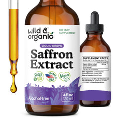 Wild and Organic saffron supplement bottle for mood and focus support.