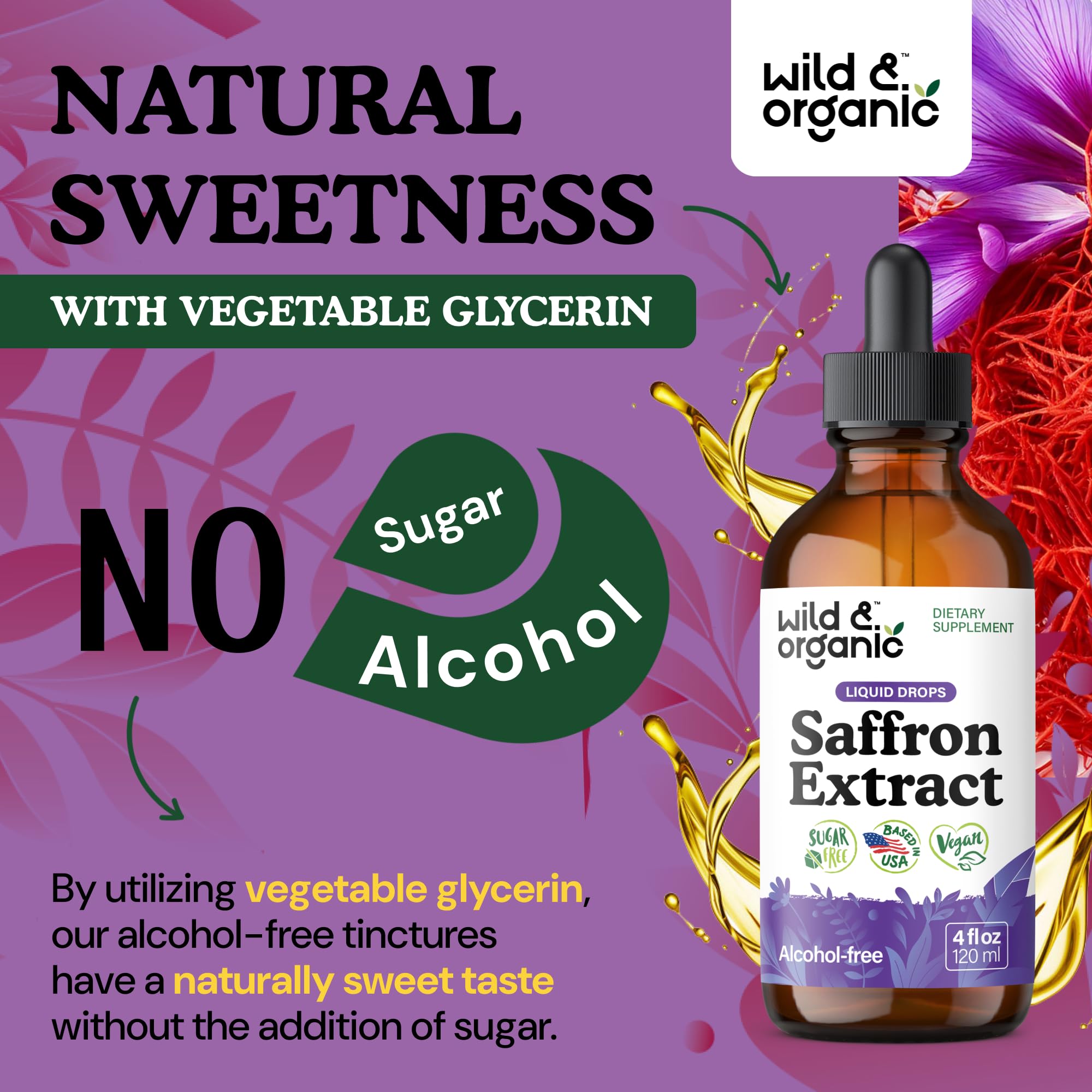 Daily dosage graphic for Wild and Organic saffron supplement.