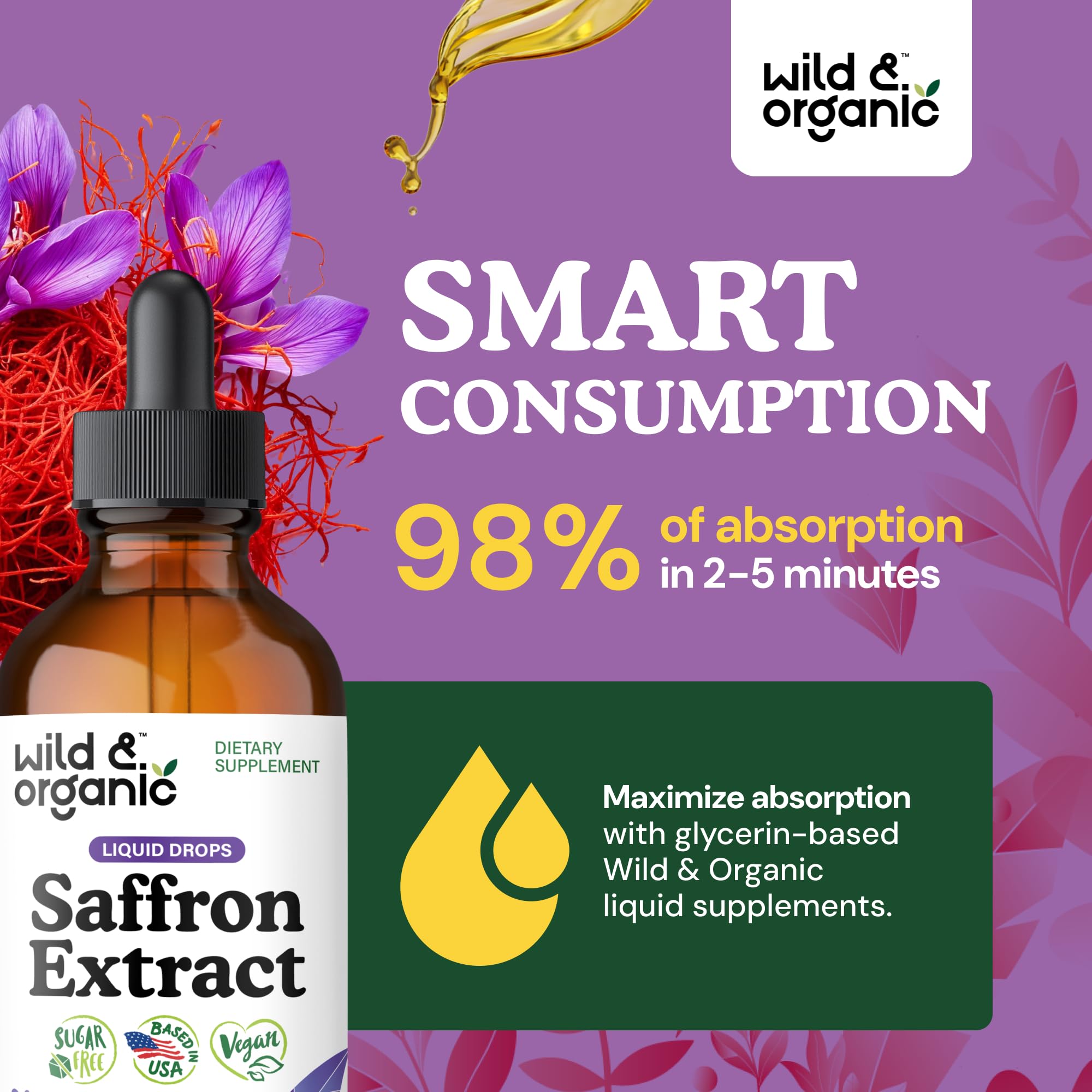 Close-up of Wild and Organic saffron extract label, vegan and GMO-free.