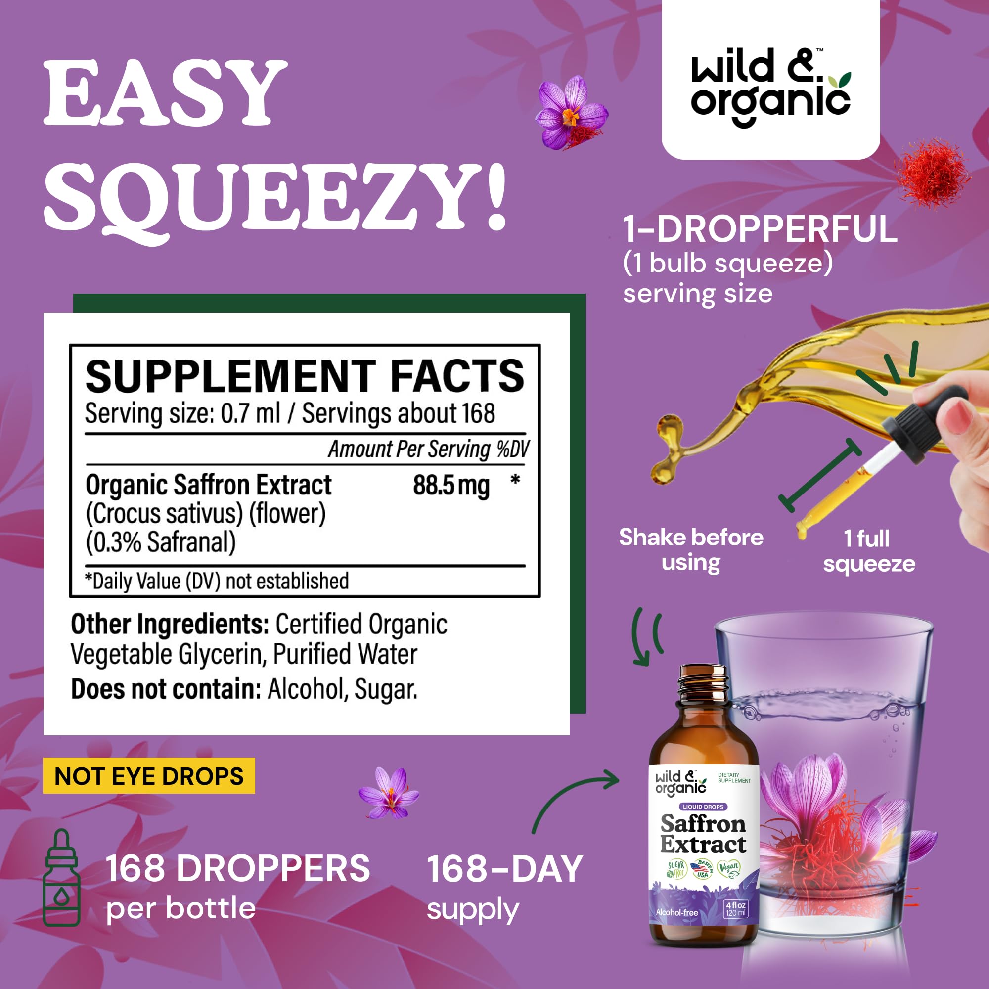 Amber saffron tincture drops in bottle, alcohol-free base.