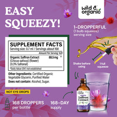 Amber saffron tincture drops in bottle, alcohol-free base.