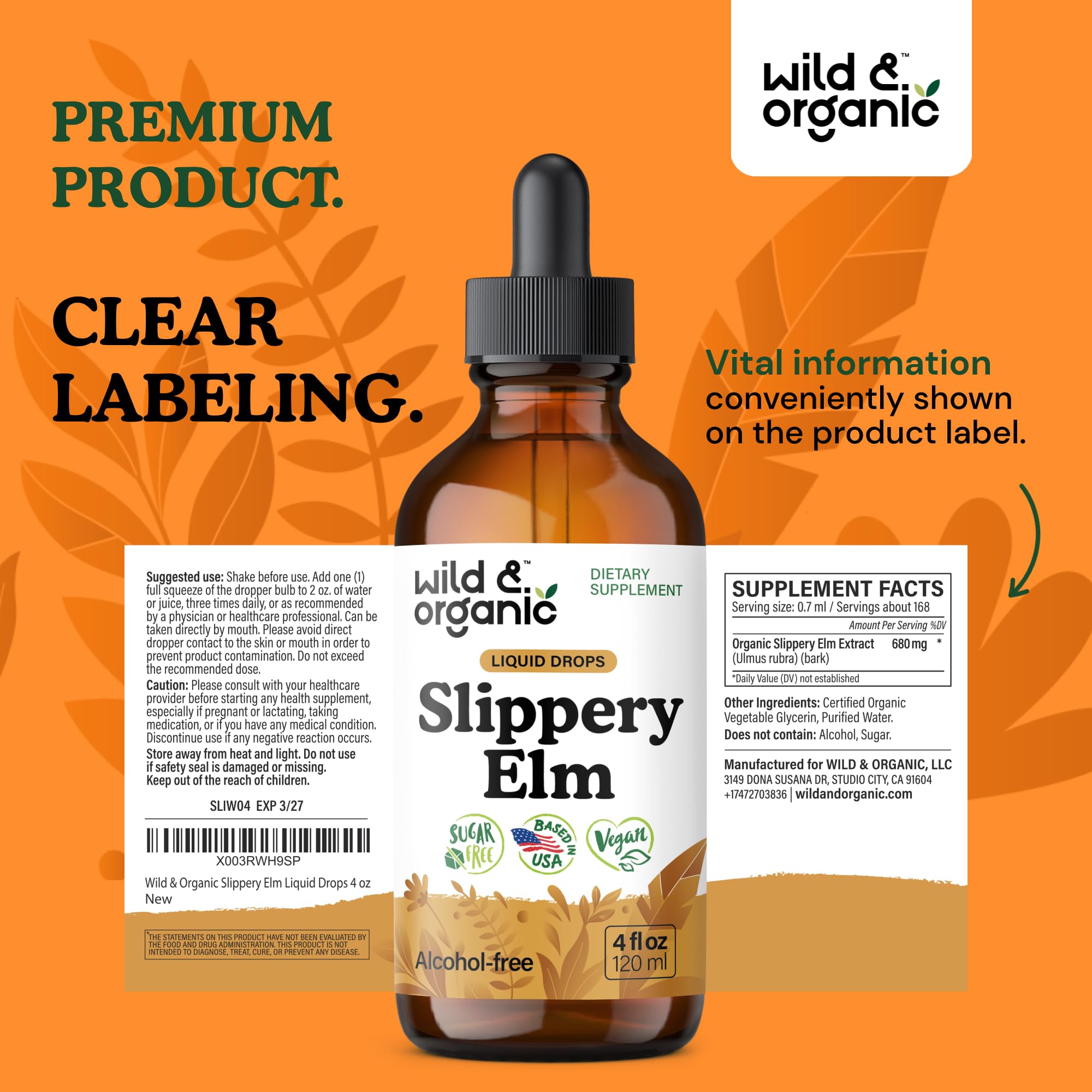 Wild & Organic slippery elm 4 oz bottle ready for everyday use