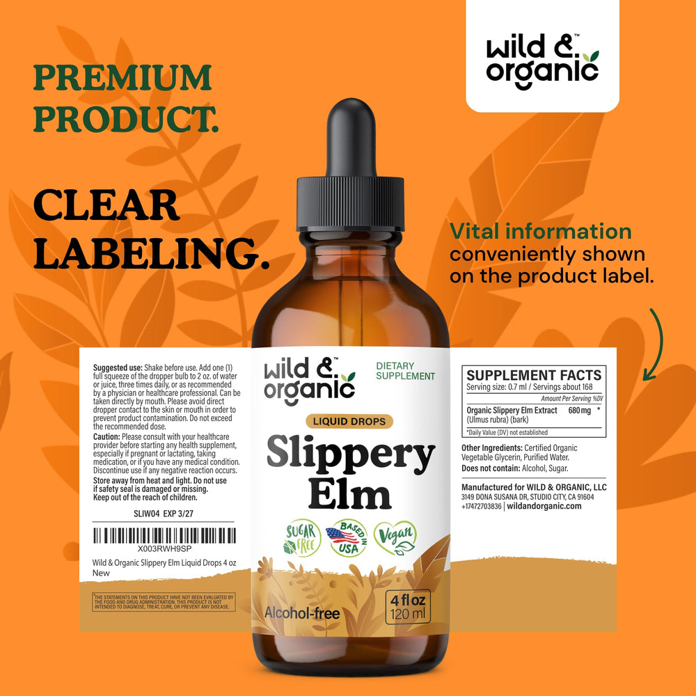 Wild & Organic slippery elm 4 oz bottle ready for everyday use