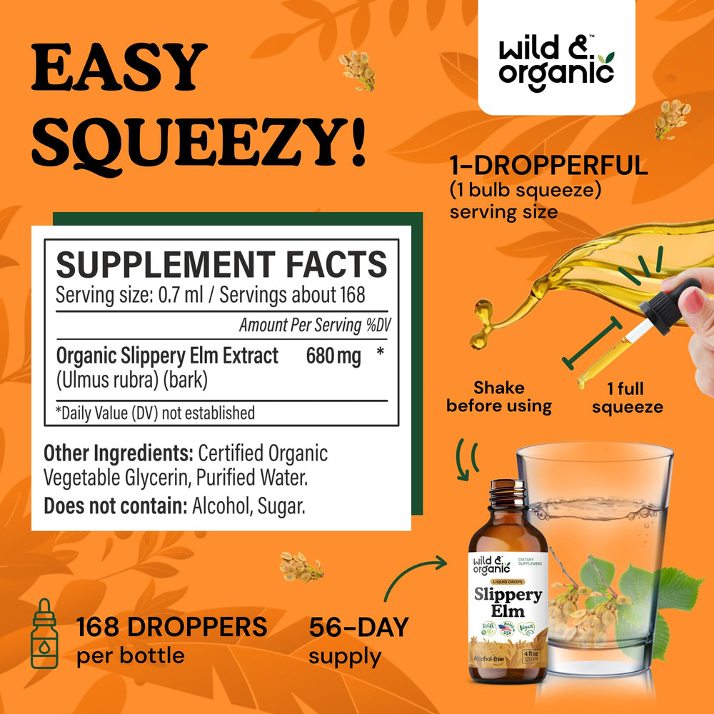 Wild & Organic slippery elm bottle-label shows vegan, GMO-free formula for gentle everyday use
