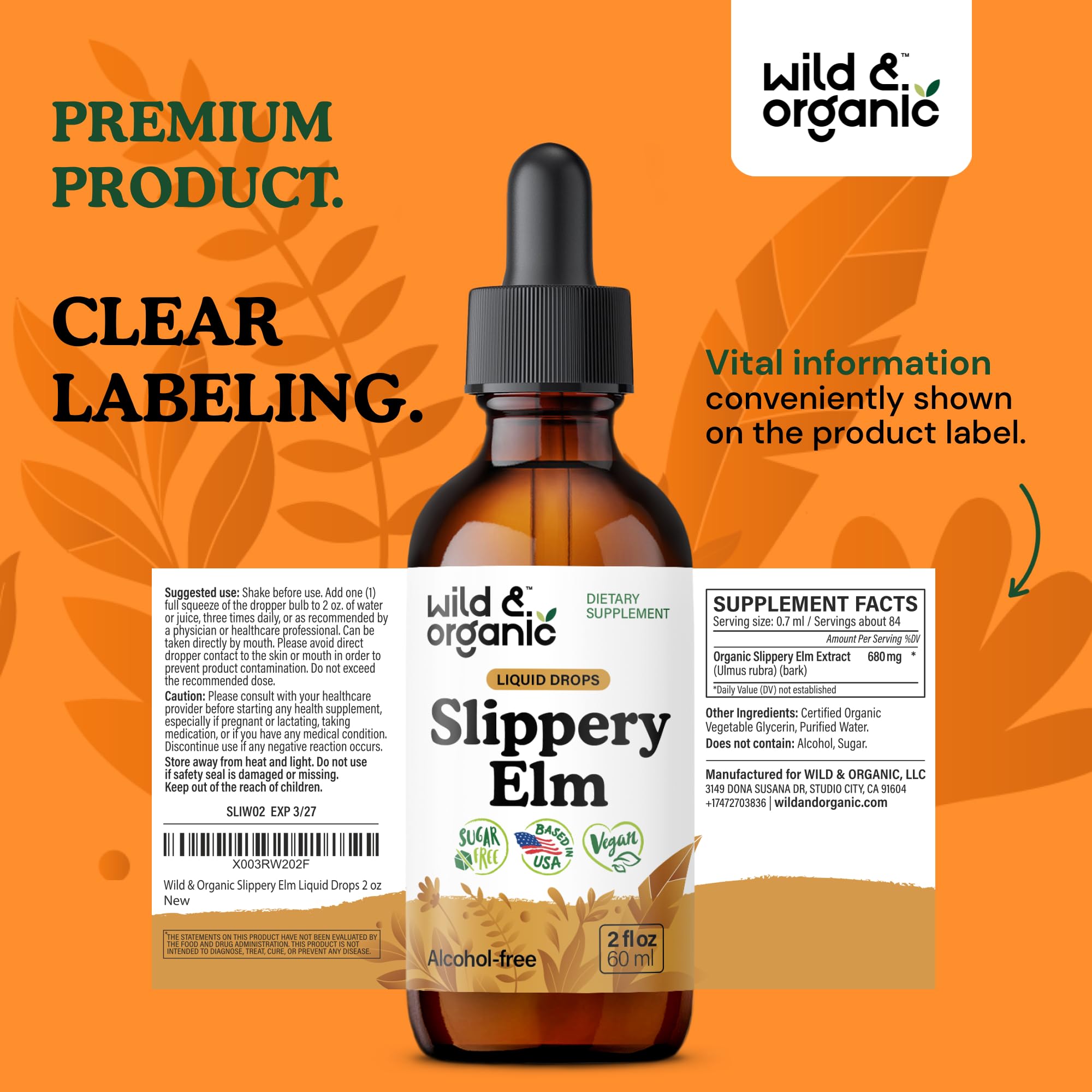 Wild and Organic Slippery Elm Drops droplets release for daily support