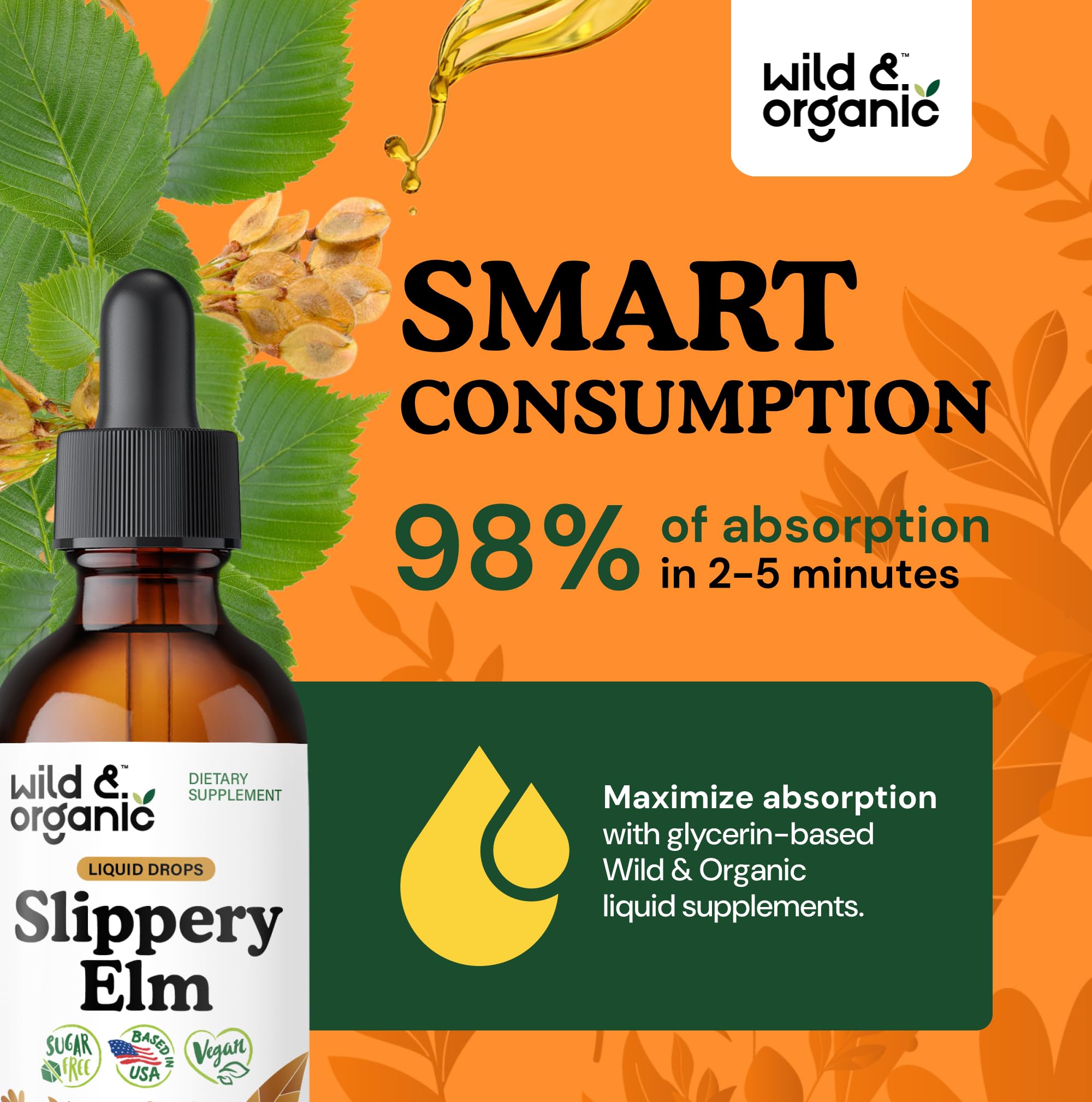 Wild and Organic Slippery Elm Drops label close-up showing vegan formula