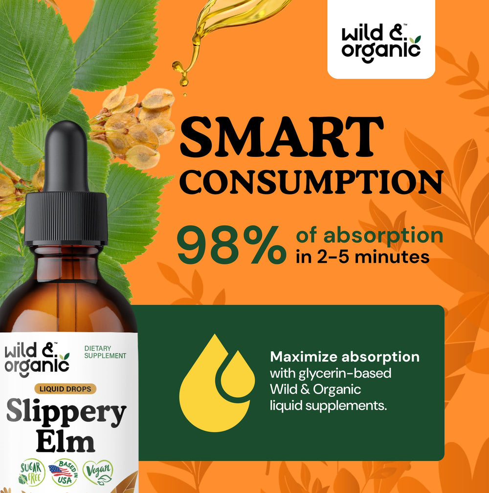 Wild and Organic Slippery Elm Drops label close-up showing vegan formula