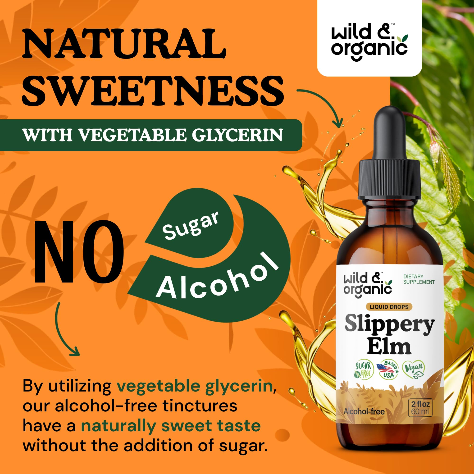 Wild and Organic Slippery Elm Drops vegan, alcohol-free tincture