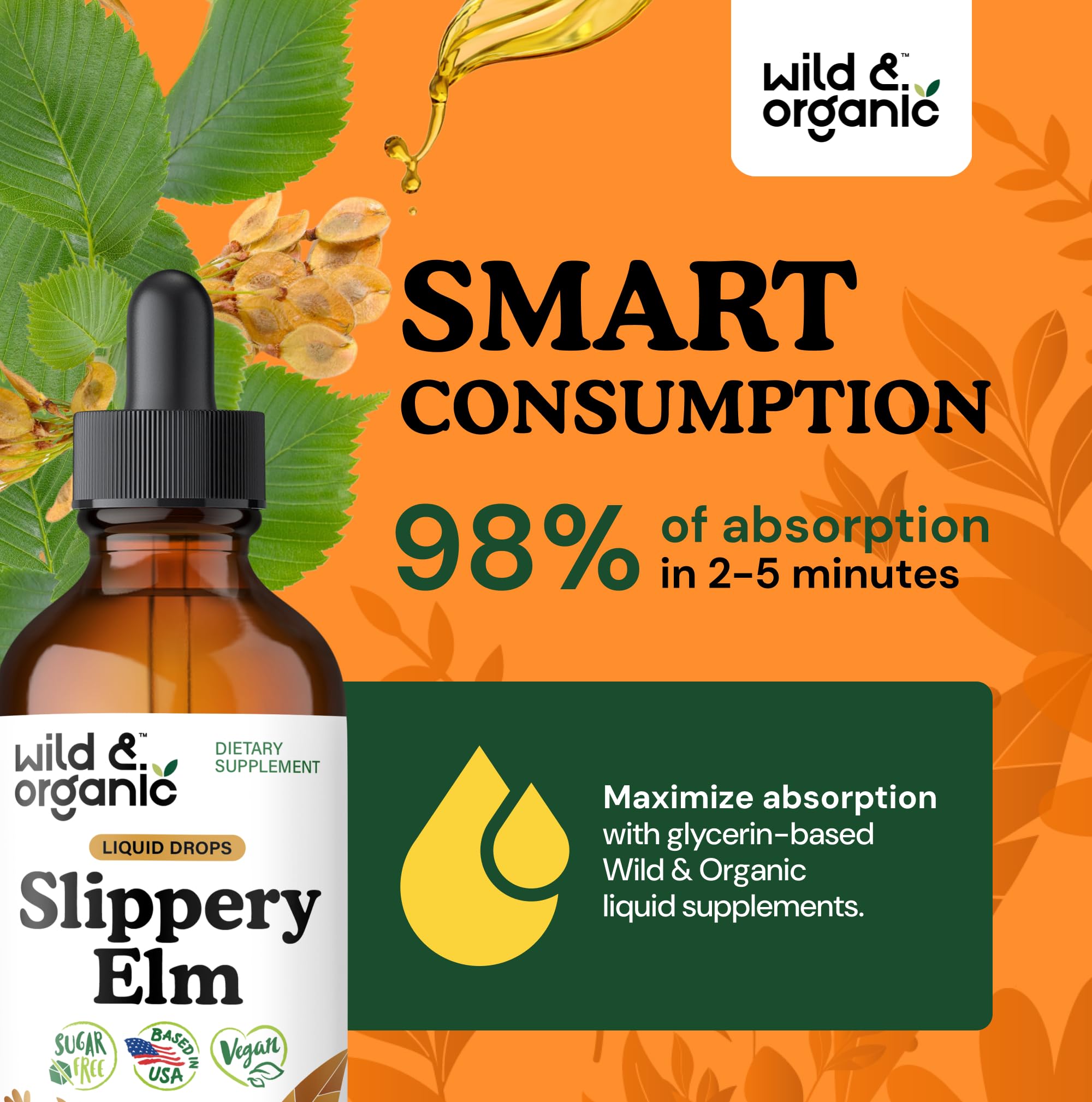Wild & Organic slippery elm ingredients vegan highlight plant-based tincture for daily wellness