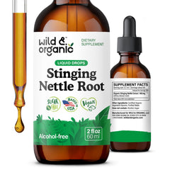 Wild and Organic Stinging Nettle Root Drops bottle shows daily vegan tincture for urinary comfort