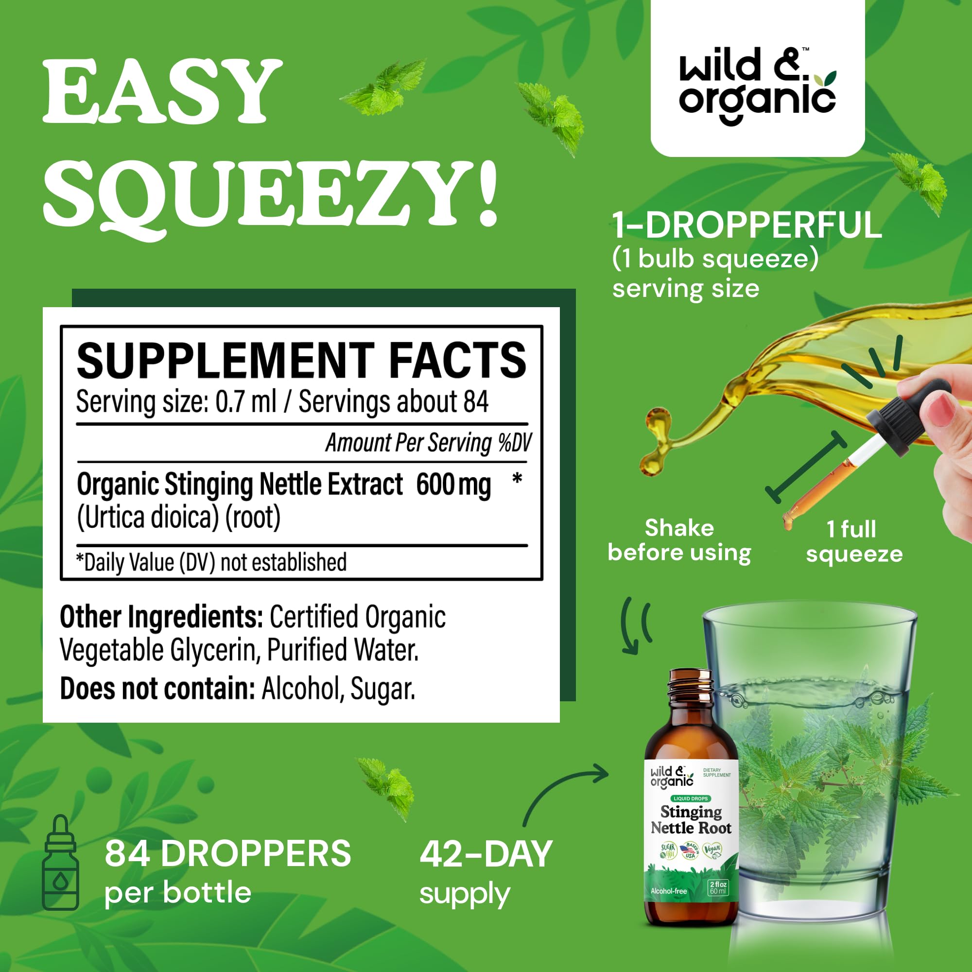 Wild and Organic Stinging Nettle Root Drops label emphasizes alcohol-free, glycerin-based formula for digestion-friendly use