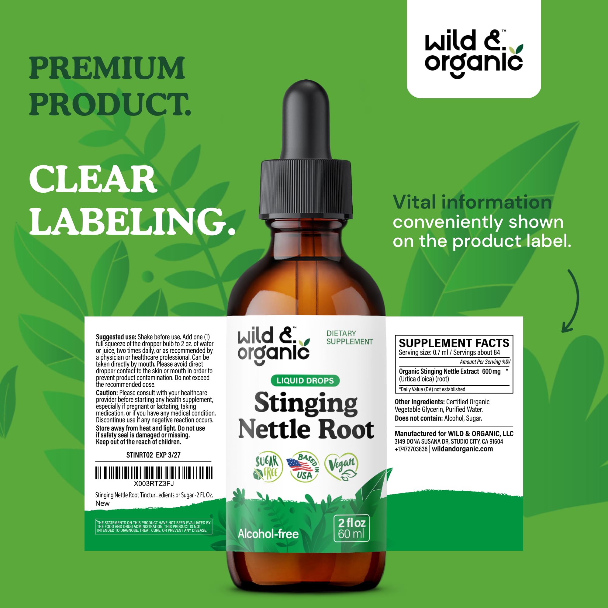 Wild and Organic Stinging Nettle Root Drops dosage line hints at two daily servings