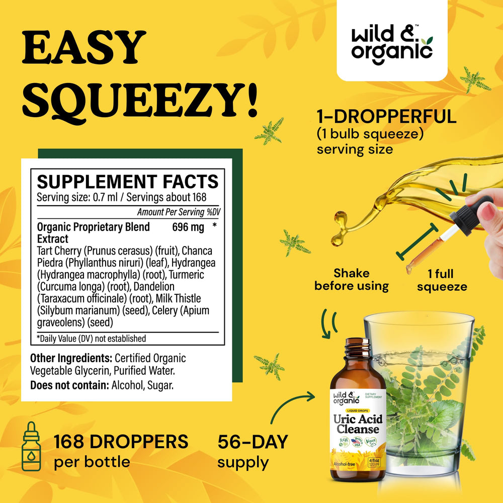 Wild & Organic Uric Acid Cleanse drops being poured in a glass for alcohol-free glycerin base