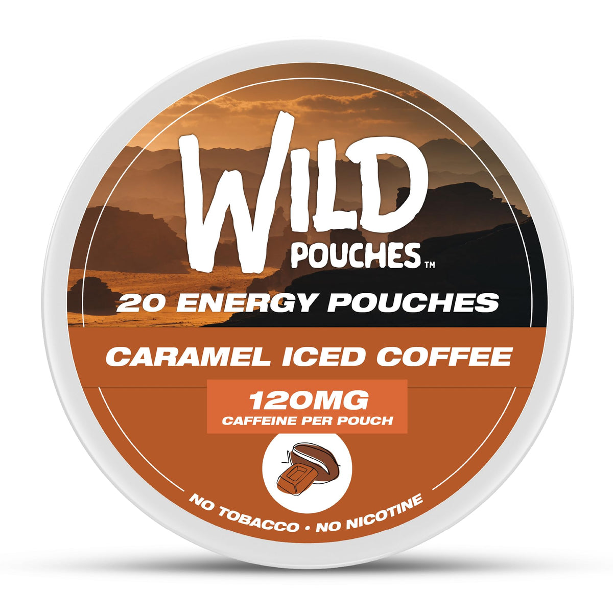 Wild Pouches caramel coffee can front showing flavor and energy boost